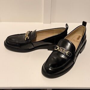 Sam Edelman Glossy Black Loafers with Gold Accent